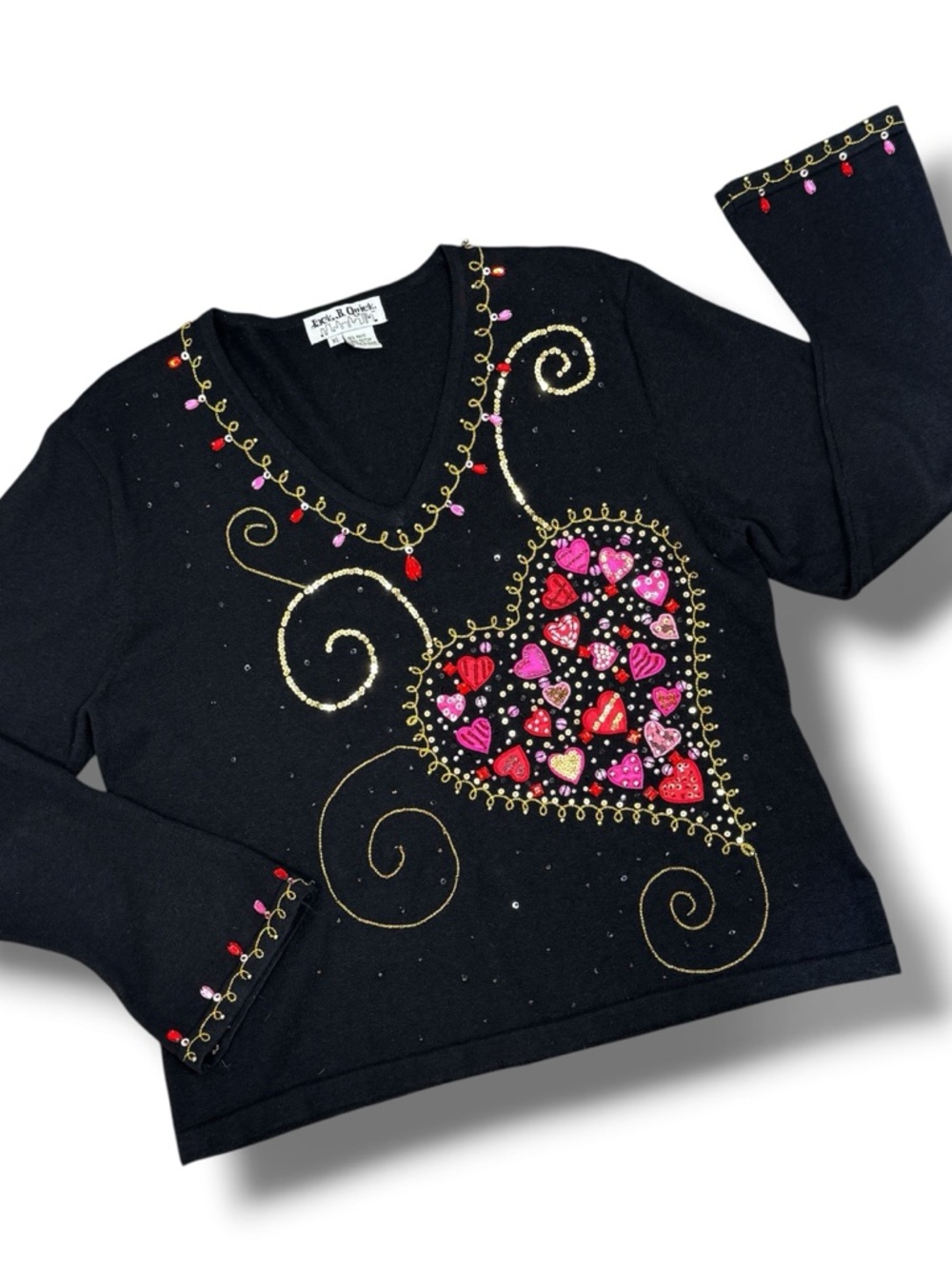 Vintage 90s Jack B Quick Embroidered Beaded Heart Cottagecore Sweater Black XL - Picture 11 of 11